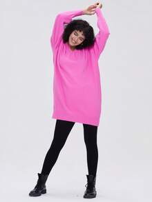 Vestido de punto de cuello V de hombros caídos - Rosa Fucsia - Ver 4