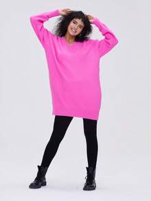 Vestido de punto de cuello V de hombros caídos - Rosa Fucsia - Ver 5