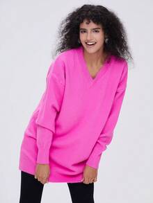 Vestido de punto de cuello V de hombros caídos - Rosa Fucsia - Ver 6