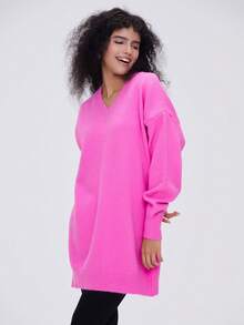 Vestido de punto de cuello V de hombros caídos - Rosa Fucsia - Ver 7