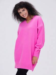 Vestido de punto de cuello V de hombros caídos - Rosa Fucsia - Ver 8