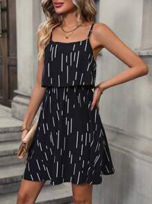 SHEIN LUNE Striped Print Cami Dress - Black - View 3