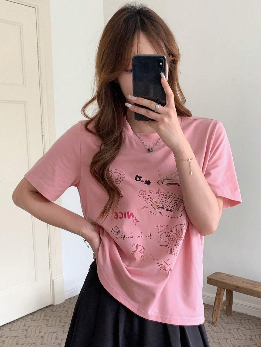 DAZY 卡通與字母圖形t恤 - 粉色 - 查看 1