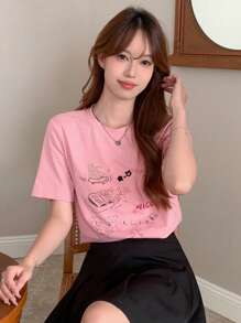 DAZY 卡通與字母圖形t恤 - 粉色 - 查看 3