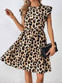 SHEIN Privé 休閒鈕扣 揉皺豹紋女士連衣裙 - 棕色 - 查看 1