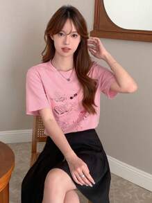 DAZY 卡通與字母圖形t恤 - 粉色 - 查看 5