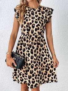 SHEIN Privé 休閒鈕扣 揉皺豹紋女士連衣裙 - 棕色 - 查看 3