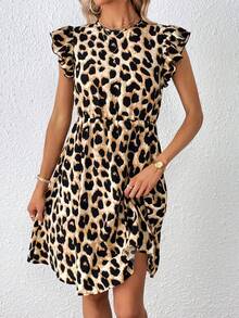 SHEIN Privé 休閒鈕扣 揉皺豹紋女士連衣裙 - 棕色 - 查看 4