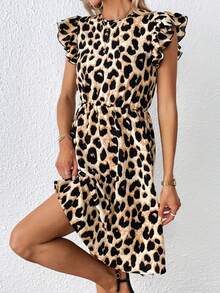 SHEIN Privé 休閒鈕扣 揉皺豹紋女士連衣裙 - 棕色 - 查看 6