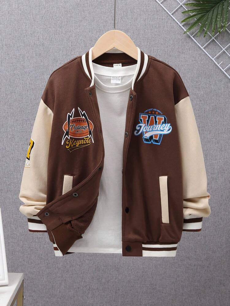 Tween Boy Letter Graphic Colorblock Drop Shoulder Varsity Jacket Without Tee