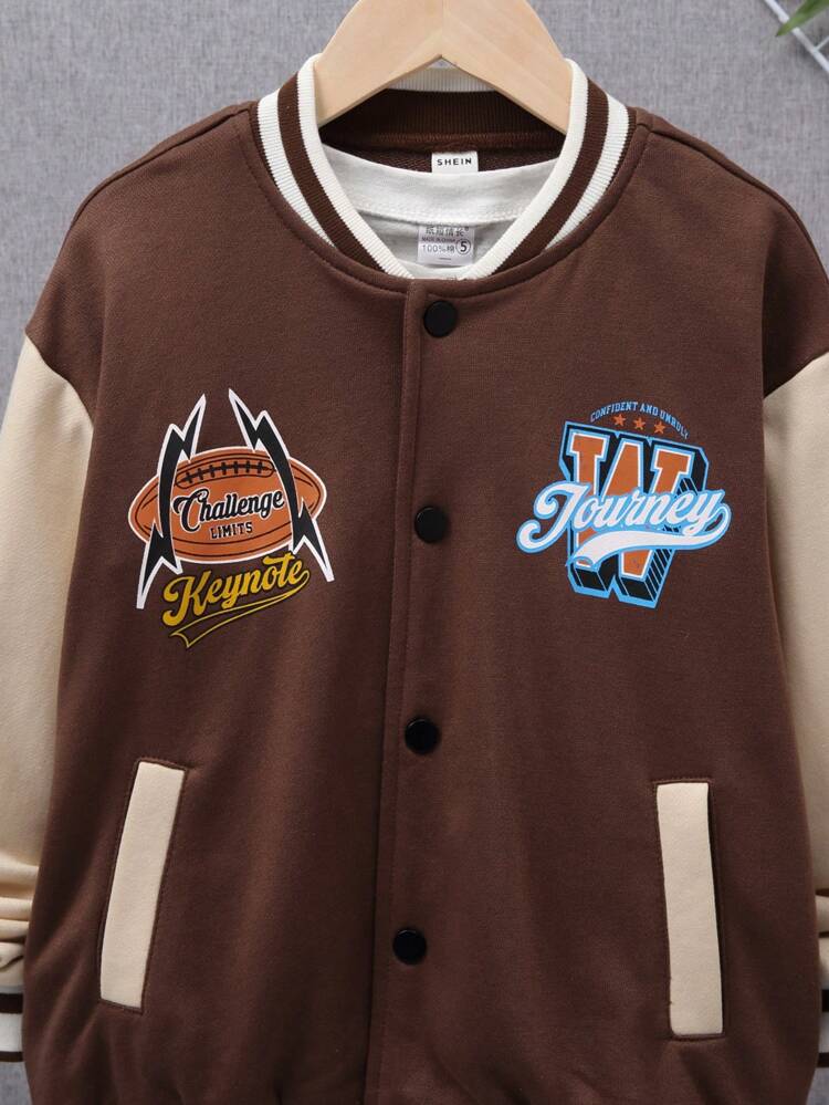 Tween Boy Letter Graphic Colorblock Drop Shoulder Varsity Jacket Without Tee