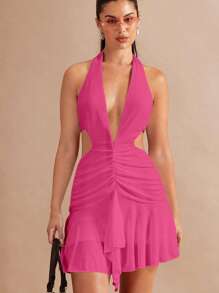 SHEIN BAE Ruched Cut Out Waist Ruffle Hem Halter Dress - Hot Pink - View 1