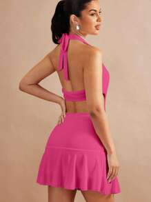 SHEIN BAE Ruched Cut Out Waist Ruffle Hem Halter Dress - Hot Pink - View 2