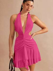 SHEIN BAE Ruched Cut Out Waist Ruffle Hem Halter Dress - Hot Pink - View 4