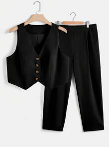 SHEIN LUNE 休閒不對稱 前紐扣純色大碼西裝套裝 - 黑色 - 查看 1