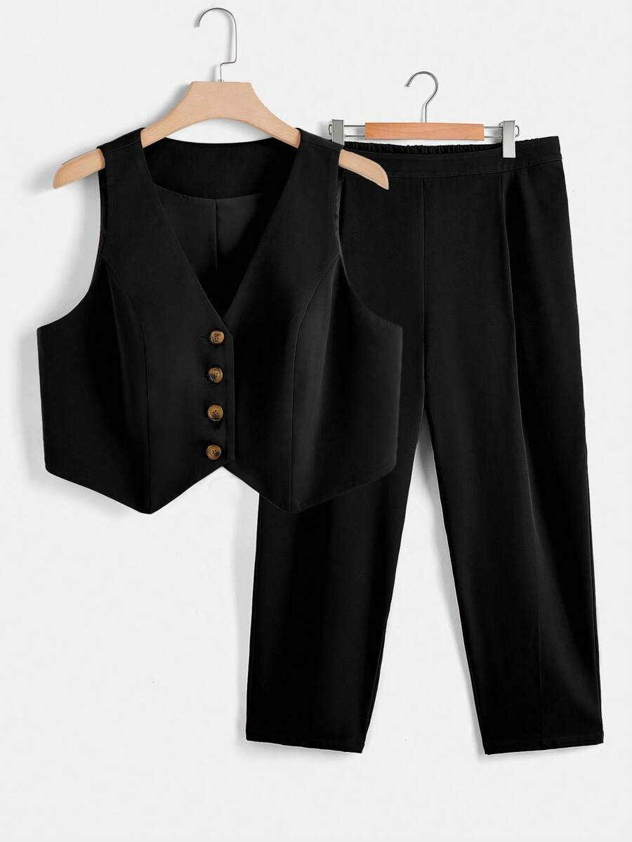 SHEIN LUNE 休閒不對稱 前紐扣純色大碼西裝套裝 - 黑色 - 查看 1