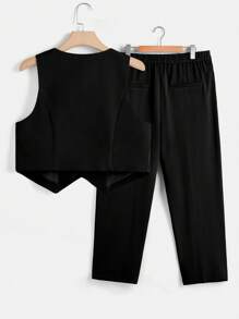 SHEIN LUNE 休閒不對稱 前紐扣純色大碼西裝套裝 - 黑色 - 查看 2