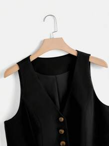 SHEIN LUNE 休閒不對稱 前紐扣純色大碼西裝套裝 - 黑色 - 查看 3