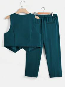 SHEIN Clasi Plus Button Front Vest Blazer & Trousers - Teal Blue - View 2