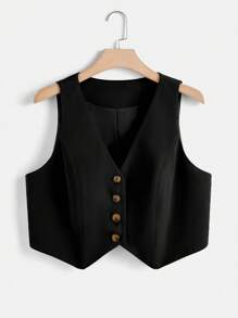 SHEIN LUNE 休閒不對稱 前紐扣純色大碼西裝套裝 - 黑色 - 查看 8