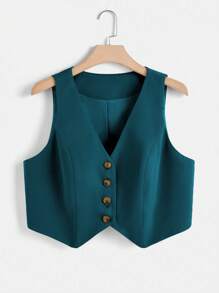 SHEIN Clasi Plus Button Front Vest Blazer & Trousers - Teal Blue - View 6