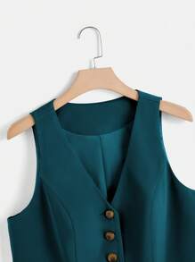 SHEIN Clasi Plus Button Front Vest Blazer & Trousers - Teal Blue - View 9