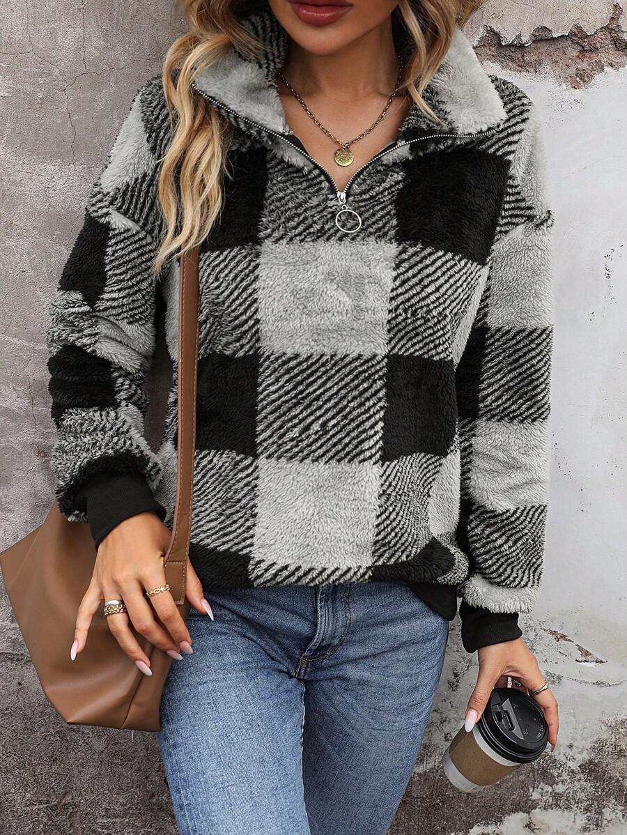 EMERY ROSE Buffalo Plaid Pattern Drop Shoulder Teddy Sweatshirt Pullover Fall Sweatshirt - Multicolor - View 1