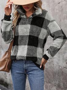 EMERY ROSE Buffalo Plaid Pattern Drop Shoulder Teddy Sweatshirt Pullover Fall Sweatshirt - Multicolor - View 4