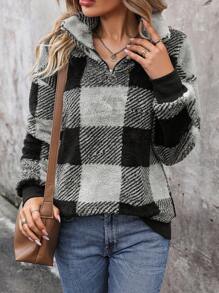 EMERY ROSE Buffalo Plaid Pattern Drop Shoulder Teddy Sweatshirt Pullover Fall Sweatshirt - Multicolor - View 5