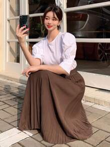 DAZY 女士纯色学院风百褶裙 夏季 - 咖啡棕 - 查看 5