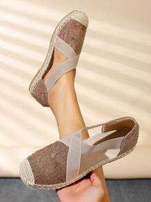 女式度假風刺繡花紋滑步帆布鞋，春秋季節 - 鏽棕色 - 查看 1