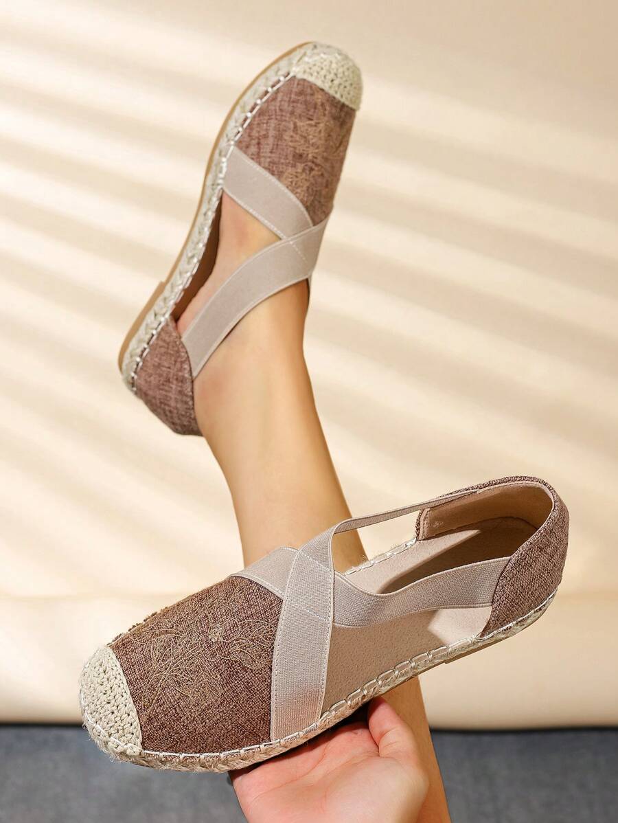 女式度假風刺繡花紋滑步帆布鞋，春秋季節 - 鏽棕色 - 查看 1