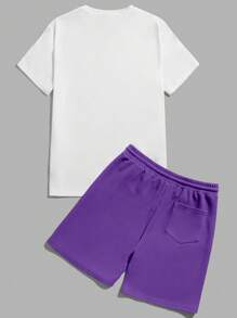 Manfinity VCAY 休閒抽繩 口袋卡通 字母男士兩件套 - 紫羅蘭色 - 查看 3