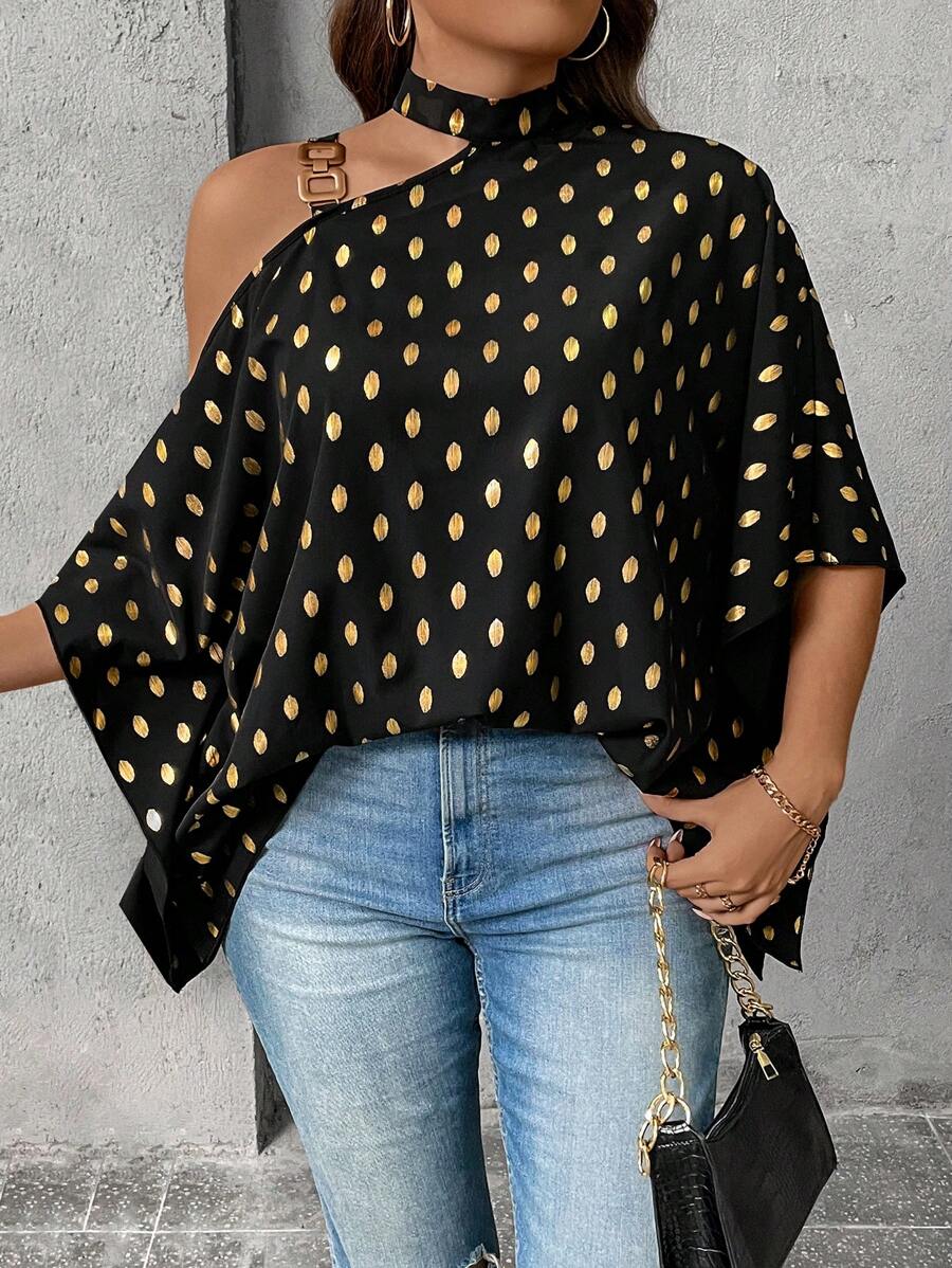 SHEIN Clasi Hơn In chấm vàng Cổ không đối xứng tay cánh Chi tiết chuỗi Áo sơ mi - màu đen - Xem 1