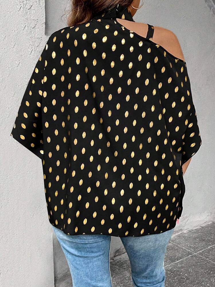 Plus Gold Dot Print Asymmetrical Neck Batwing Sleeve Chain Detail Blouse