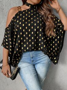 SHEIN Clasi Hơn In chấm vàng Cổ không đối xứng tay cánh Chi tiết chuỗi Áo sơ mi - màu đen - Xem 3