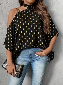 SHEIN Clasi Hơn In chấm vàng Cổ không đối xứng tay cánh Chi tiết chuỗi Áo sơ mi - màu đen - Xem 4