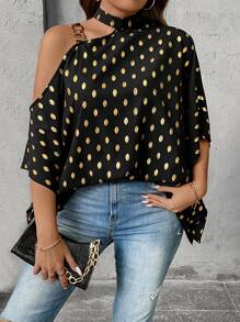 SHEIN Clasi Hơn In chấm vàng Cổ không đối xứng tay cánh Chi tiết chuỗi Áo sơ mi - màu đen - Xem 6