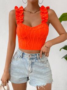 SHEIN Essnce Ruffle Trim Crop Wide Strap Top - Orange - View 3