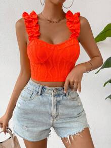 SHEIN Essnce Ruffle Trim Crop Wide Strap Top - Orange - View 4
