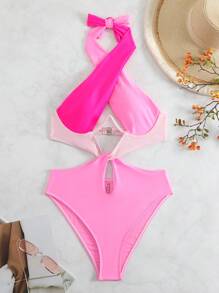 Swim SXY Bañador una pieza de color combinado con abertura halter - Rosa - Ver 7