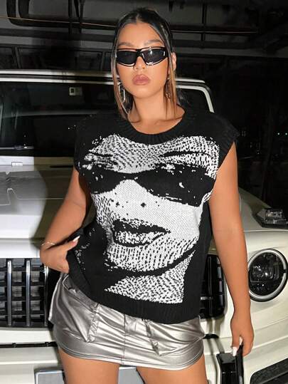 Flirla Plus Figure Pattern Sweater Vest