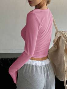 DAZY Solid Scoop Neck Crop Tee Long Sleeve Women Tops - Hot Pink - View 2