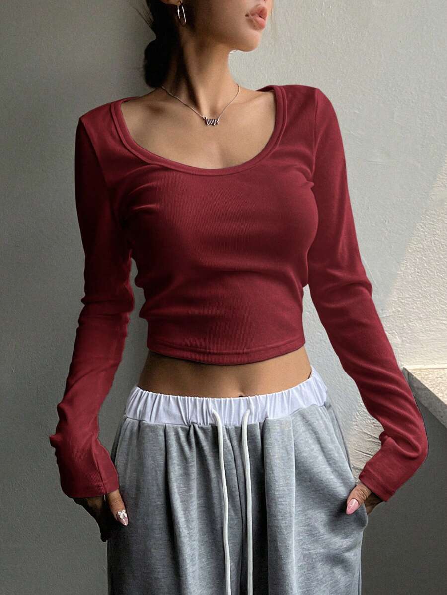 DAZY 纯色圆领短款T恤长袖女式上衣 - 紅色 - 查看 1