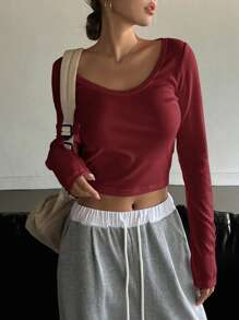 DAZY 纯色圆领短款T恤长袖女式上衣 - 紅色 - 查看 3