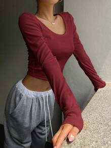 DAZY 纯色圆领短款T恤长袖女式上衣 - 紅色 - 查看 4