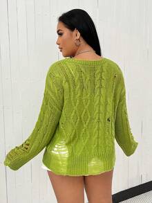 Flirla Hơn Rách Thả vai Áo len - Màu xanh Ô liu - Xem 2