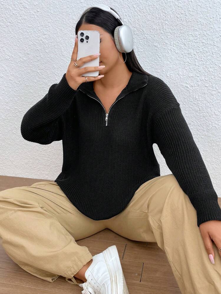 Plus Half Zip Drop Shoulder Sweater