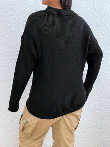 SHEIN EZwear Hơn Một nửa khóa kéo Thả vai Áo len - màu đen - Xem 2