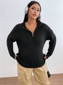 SHEIN EZwear Hơn Một nửa khóa kéo Thả vai Áo len - màu đen - Xem 3